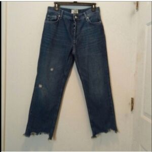We The Free Wide Leg Button Fly Distressed Chewed Hem Jeans